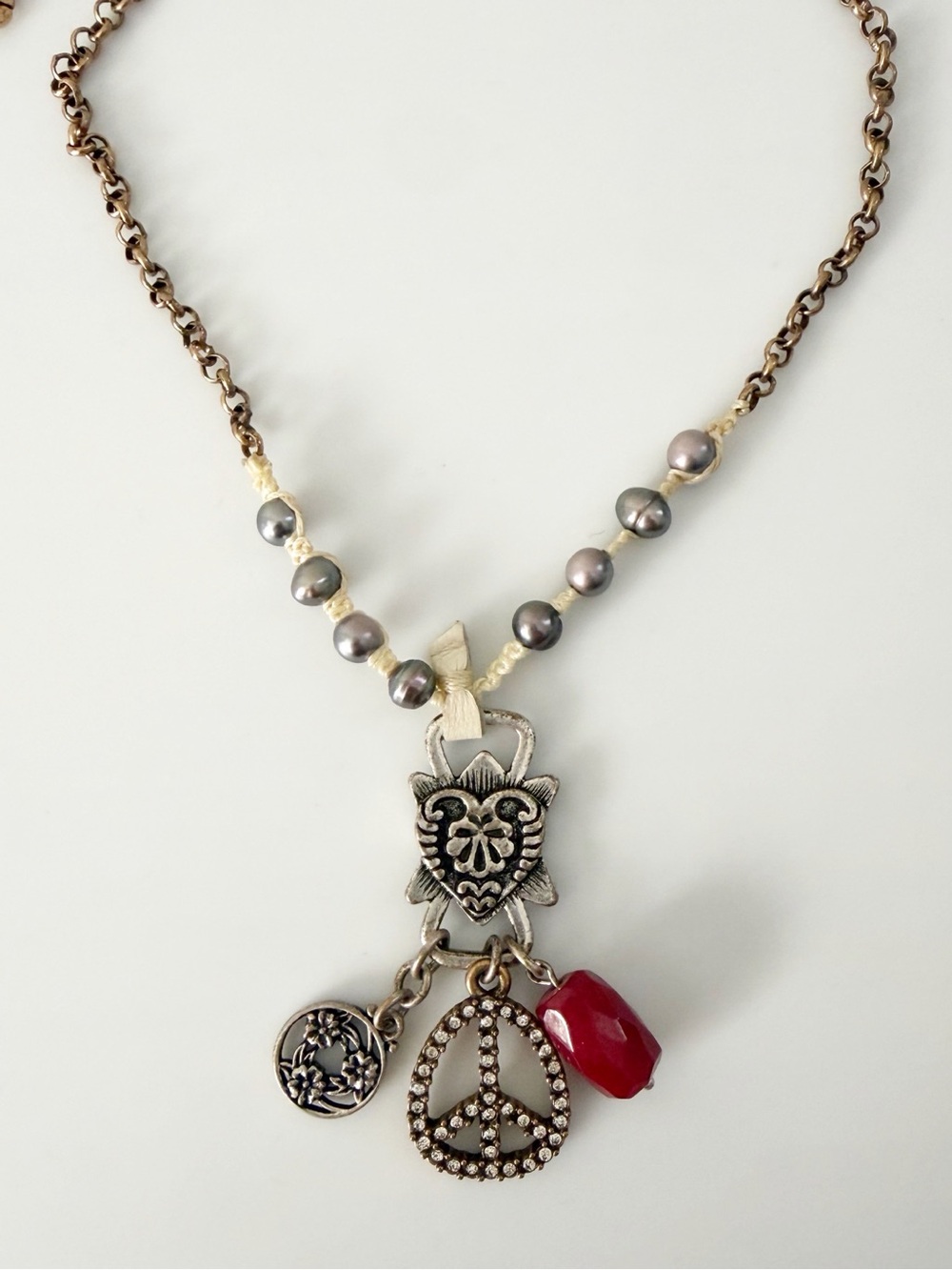 Lucky Brand Silver Tone Peace Charms Pendant Necklace Casual Boho Hippie
